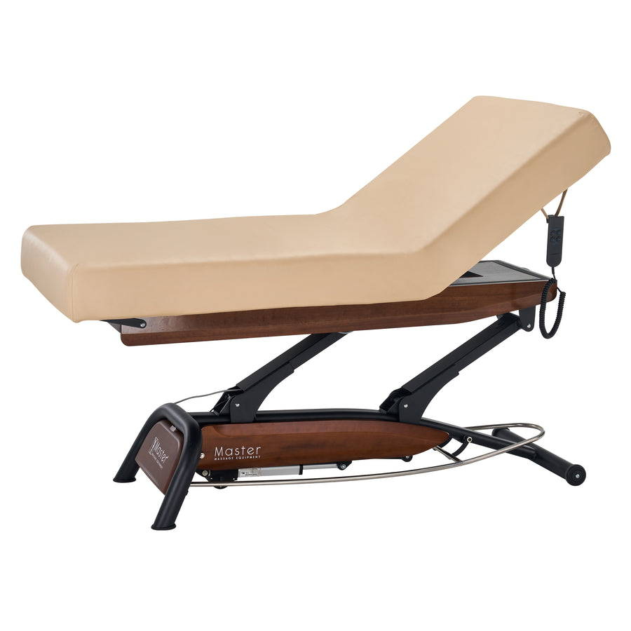 Master Massage Atlas Liftback Electric Lift Spa Salon Stationary Bed - Cream Top with Walnut Base