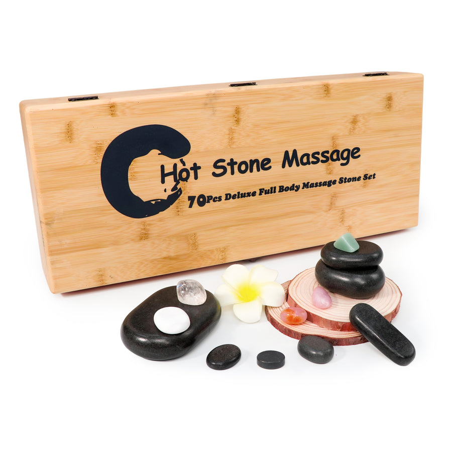Master Massage Deluxe 70 pcs Basalt Massage Hot Stone Set with Bamboo Box
