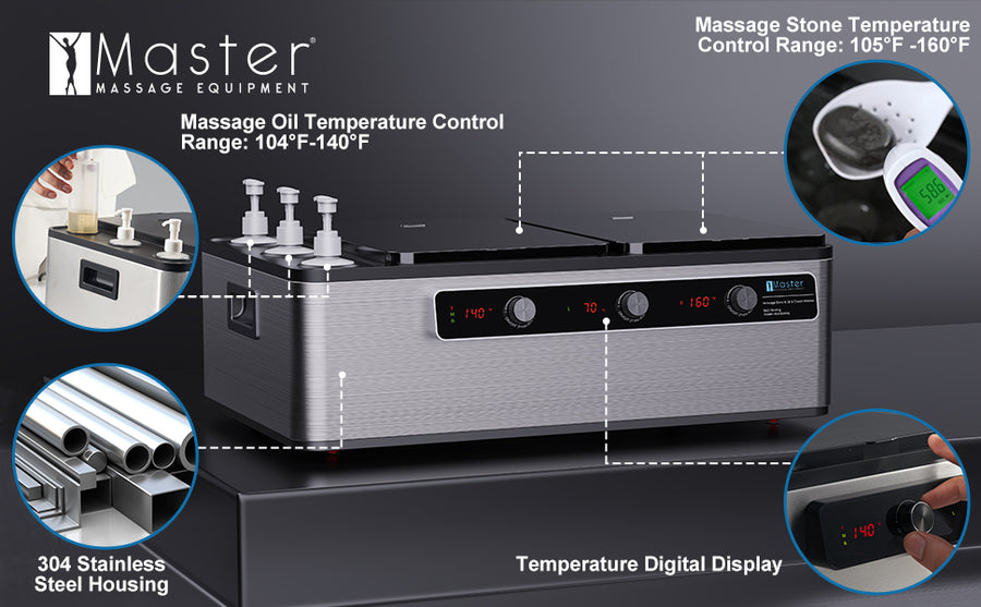 Master Massage Professional Electric 2 in 1 Massage Stone Heater & 3 Bottle Massage Oil/Lotion/Gel Heater