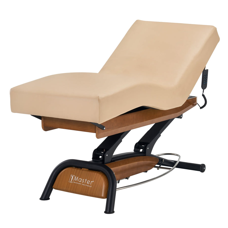 Master Massage Atlas Deluxe Electric Lift Spa Salon Stationary Bed - Cream Top with Walnut Base