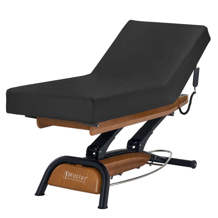 Master Massage Atlas Liftback Electric Lift Spa Salon Stationary Bed - Walnut Base, Cream Top with Interchangable Black Upholstery