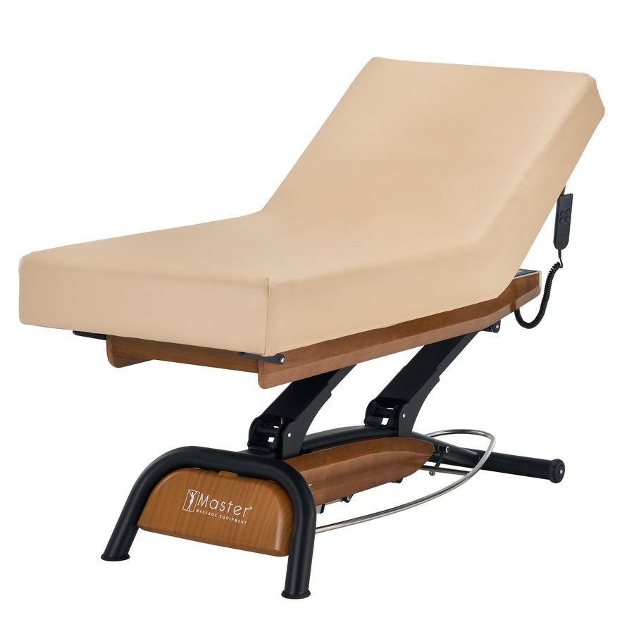 Master Massage Atlas Liftback Electric Lift Spa Salon Stationary Bed - Cream Top with Oak Base