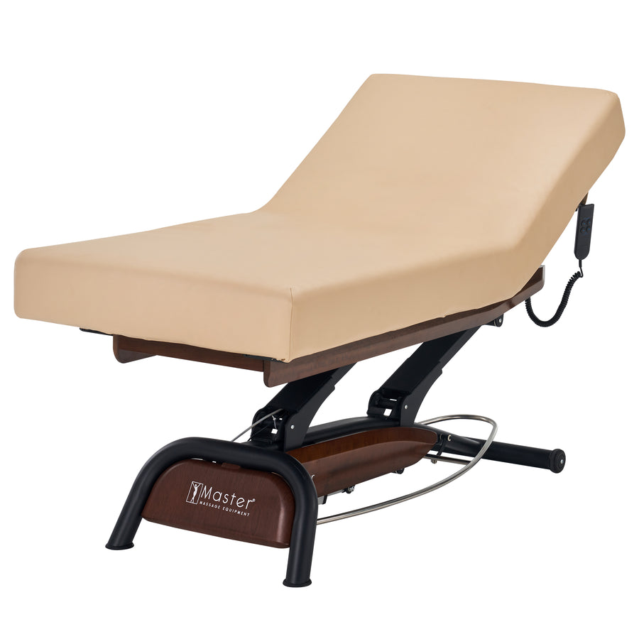 Master Massage Atlas Liftback Electric Lift Spa Salon Stationary Bed - Cream Top with Oak Base