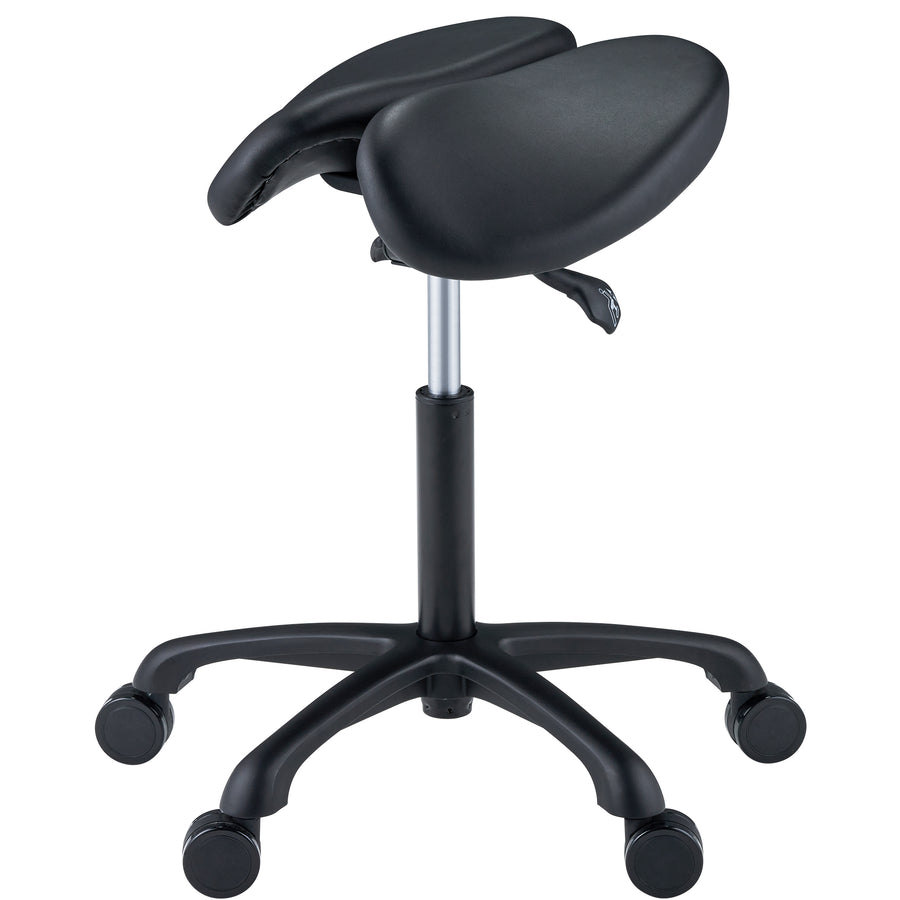 Master Massage Berkeley Ergonomic Posture Saddle Chair-Two-Part Saddle Stool- Hydraulic Swivel Rolling Seat Stool with Adjustable Title Angle and Height- Aluminum Base with Rubber Wheel Casters-Black (2 Color Options)