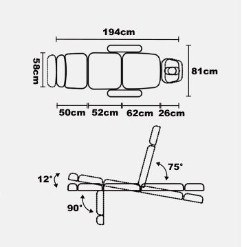 Diagram of the Master Massage Sonora Beauty Bed with labeled dimensions and adjustable angles.